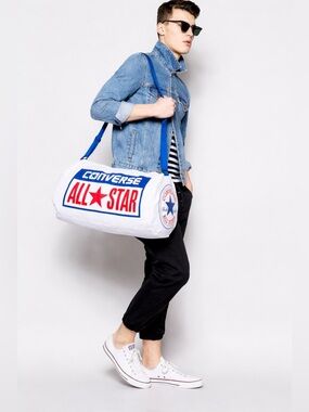 Converse White Canvas Barrel Duffel with Blue Strap and Red Logo